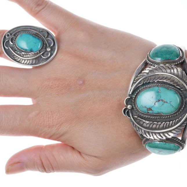 复古纳瓦霍纯银和绿松石戒指和手链套装