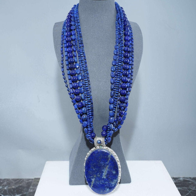 Huge Vintage Sterling Multi-Strand Lapis Lazuli Beaded necklace