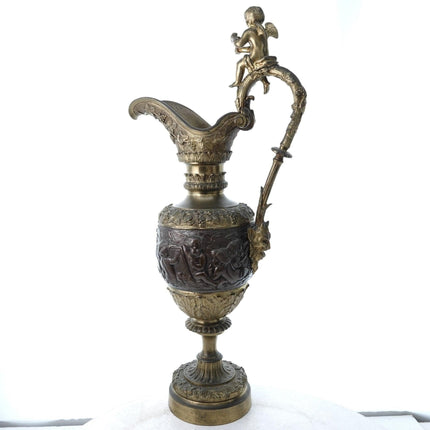 23" c1880 French Renaissance Revival Bronze Ewer Heavily embossed Cherubs, Bacch