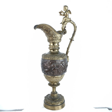 23" c1880 French Renaissance Revival Bronze Ewer Heavily embossed Cherubs, Bacch