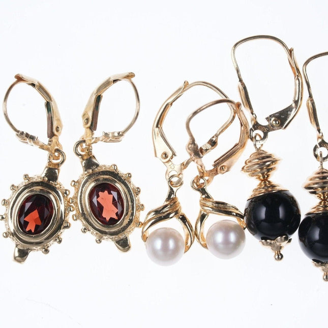 3pr Estate Ohrringe aus 14-karätigem Gold mit Granat, Onyx und Perle
