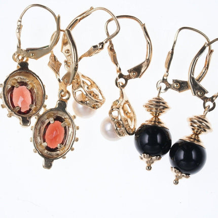 3pr Estate Ohrringe aus 14-karätigem Gold mit Granat, Onyx und Perle