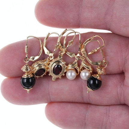 3pr Estate 14k gold earrings with garnet, onyx, and pearl