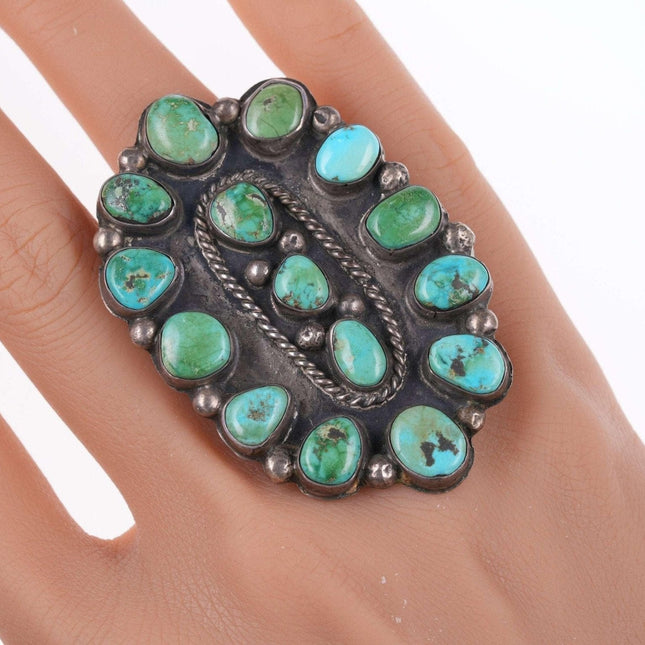 Sz7  30's-40's Large Vintage Navajo silver and turquoise cluster ring