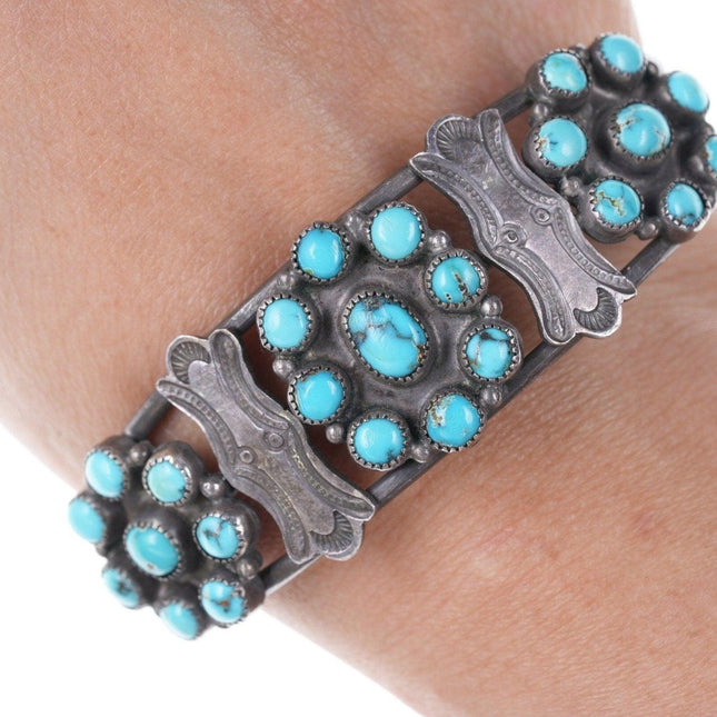 30's-40's  Navajo stamped silver turquoise cluster bracelet