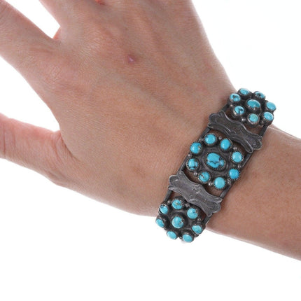 30's-40's  Navajo stamped silver turquoise cluster bracelet