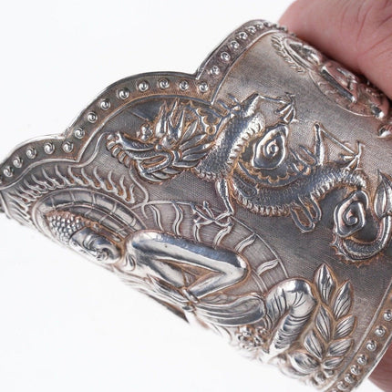 Antique Asian silver Repousse Buddha Cuff bracelet