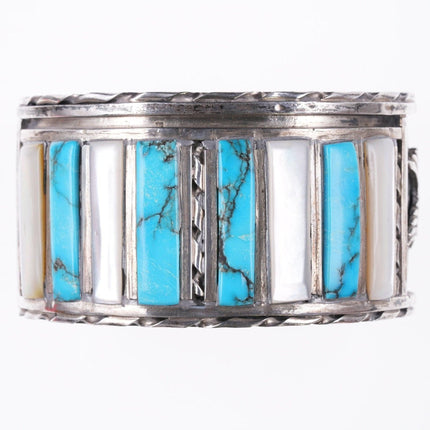 7 1/8" Vintage Nelson Lee Zuni Large sterling channel inlay bracelet