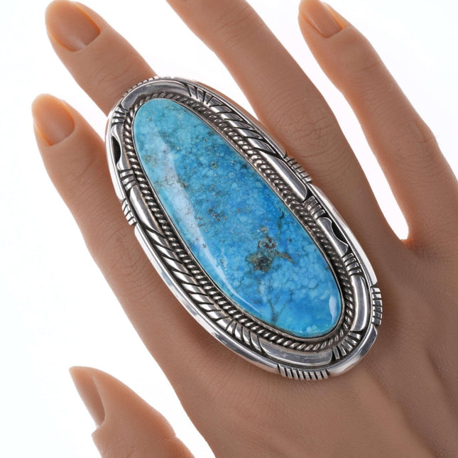 Sz9.5 Huge Navajo Sterling and turquoise stampwork ring