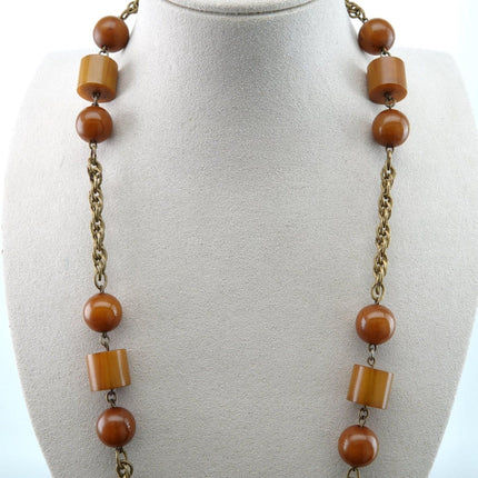 1940's Period Art Deco Butterscotch Bakelite Necklace and Brass Mixed Metal Pend