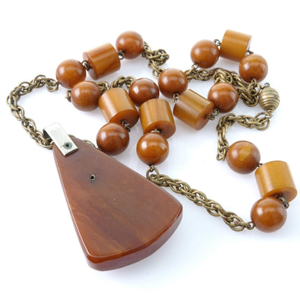 1940's Period Art Deco Butterscotch Bakelite Necklace and Brass Mixed Metal Pend