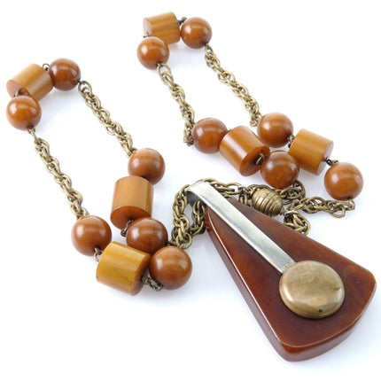 1940's Period Art Deco Butterscotch Bakelite Necklace and Brass Mixed Metal Pend