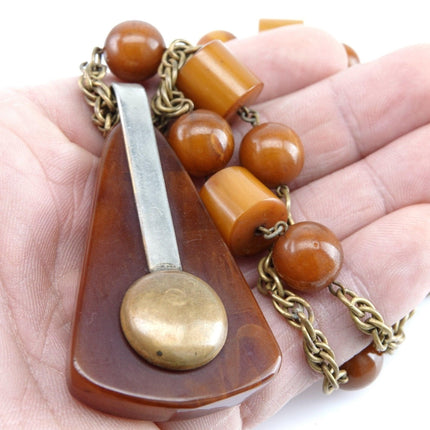 1940's Period Art Deco Butterscotch Bakelite Necklace and Brass Mixed Metal Pend