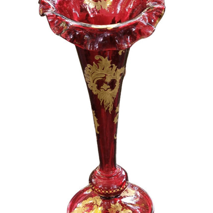 Bohemian Ruby Cranberry Gold Enameled Jack in the Pulpit Vase Ruffled 16.75" Gia