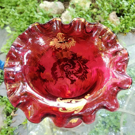 Bohemian Ruby Cranberry Gold Enameled Jack in the Pulpit Vase Ruffled 16.75" Gia