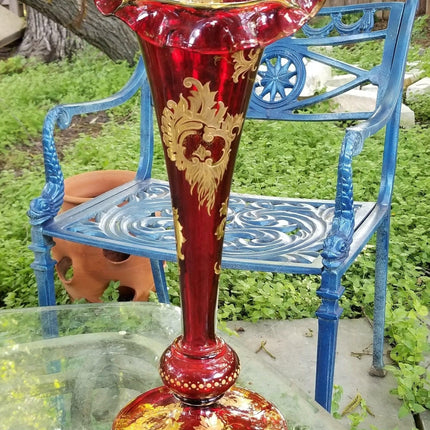 Bohemian Ruby Cranberry Gold Enameled Jack in the Pulpit Vase Ruffled 16.75" Gia