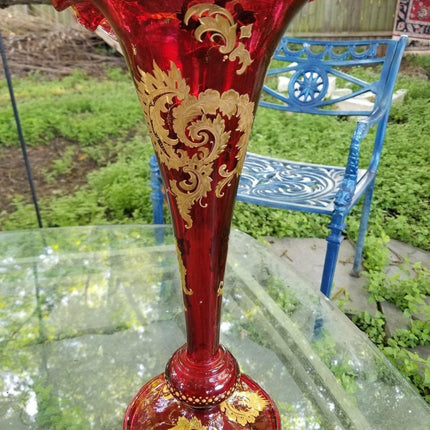 Bohemian Ruby Cranberry Gold Enameled Jack in the Pulpit Vase Ruffled 16.75" Gia