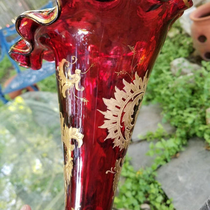 Bohemian Ruby Cranberry Gold Enameled Jack in the Pulpit Vase Ruffled 16.75" Gia