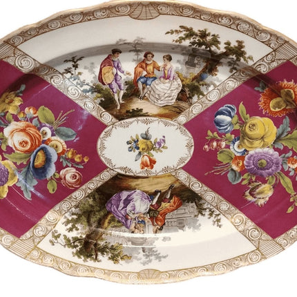 古董迈森拼盘，德累斯顿风格手绘肖像求爱场景花卉花束和金色 18 英寸 19 世纪