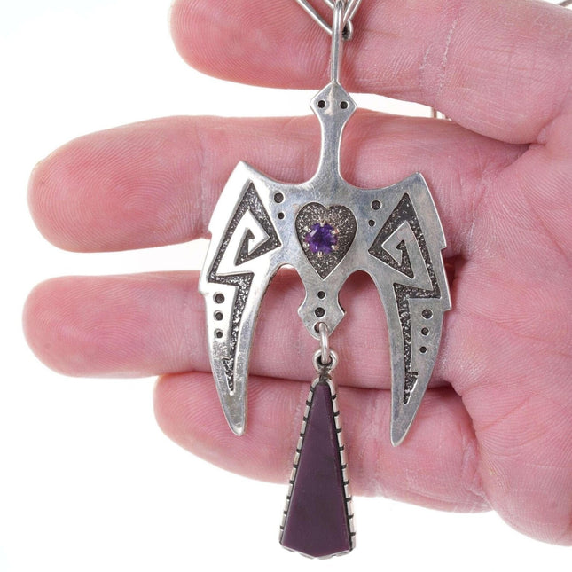 Vintage Boyd Tsosie Navajo Tufa Cast Sterling Peyote Vogel Halskette/Anhänger mit Amethyst und Sugilith