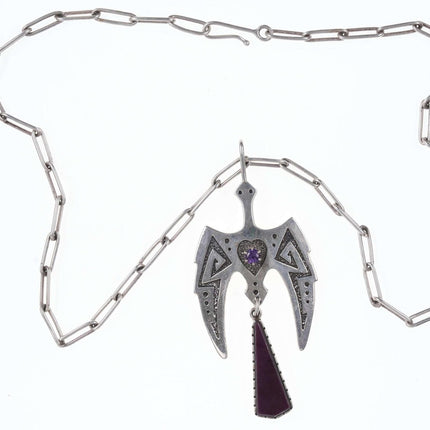 复古 Boyd Tsosie 纳瓦霍石灰华铸造纯仙人掌鸟项链/吊坠，镶有紫水晶和苏纪石