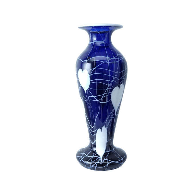 c1920 American Imperial Freehand Cobalt Hearts and Vines Art Glass Vase 10.25" t