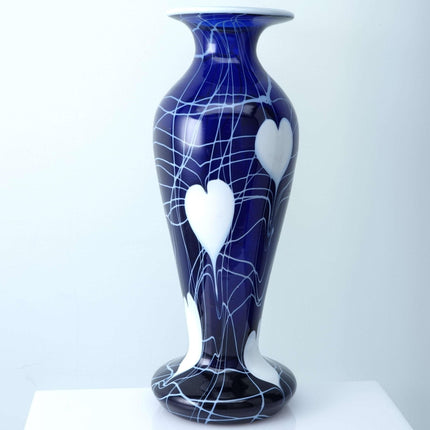 c1920 American Imperial Freehand Cobalt Hearts and Vines Art Glass Vase 10.25" t