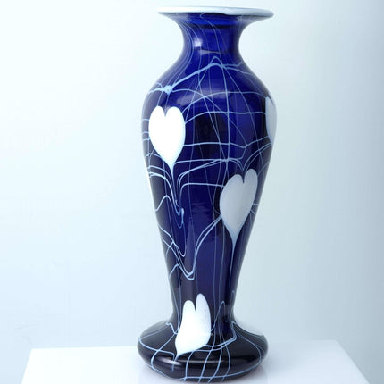 c1920 American Imperial Freehand Cobalt Hearts and Vines Art Glass Vase 10.25" t