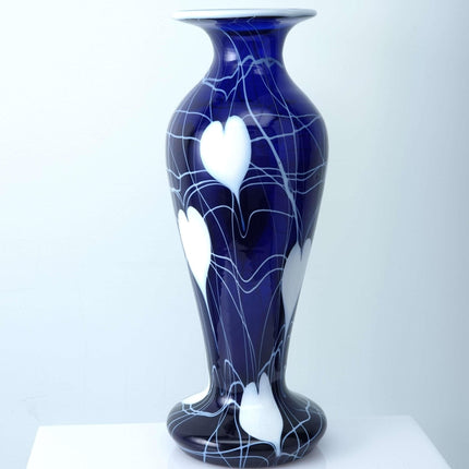 c1920 American Imperial Freehand Cobalt Hearts and Vines Art Glass Vase 10.25" t