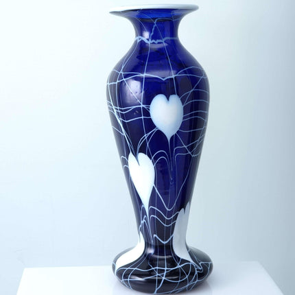 c1920 American Imperial Freehand Cobalt Hearts and Vines Art Glass Vase 10.25" t