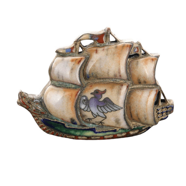 Antike Wikingerschiff-Gürtelschnalle aus skandinavischem Sterlingsilber und Bronze mit Emaille