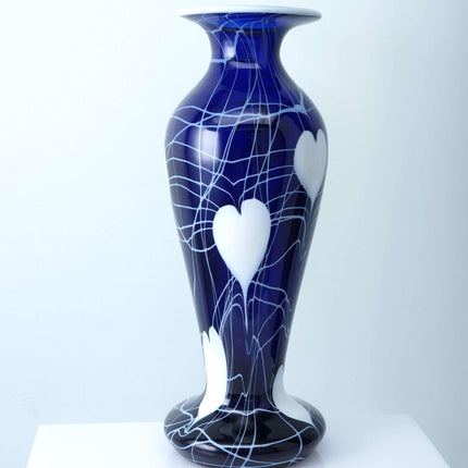 c1920 American Imperial Freehand Cobalt Hearts and Vines Art Glass Vase 10.25" t