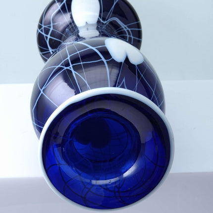 c1920 American Imperial Freehand Cobalt Hearts and Vines Art Glass Vase 10.25" t