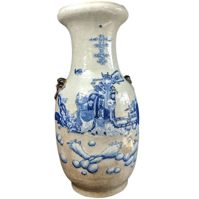 17 3/8" c1900 chinesische blaue und weiße Nanking Crackle Glasur Bodenvase handbemalt Kaiser