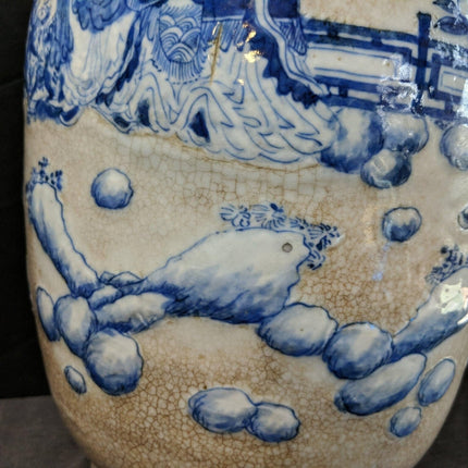 17 3/8" c1900 chinesische blaue und weiße Nanking Crackle Glasur Bodenvase handbemalt Kaiser