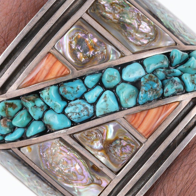 7.5" Large Native American Sterling/turquoise pebbles Spiney oyster/abalone cuff