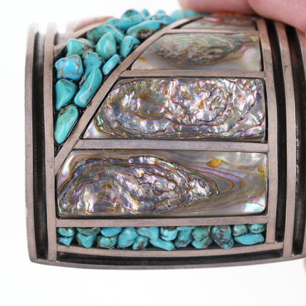 7.5" Large Native American Sterling/turquoise pebbles Spiney oyster/abalone cuff