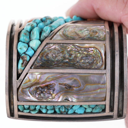 7.5" Large Native American Sterling/turquoise pebbles Spiney oyster/abalone cuff