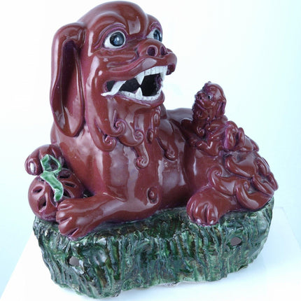 Antique Chinese Copper Red Glazed Porcelain Foo lion with pup Figure