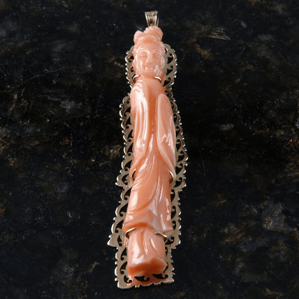 古董中国 14k 金雕刻珊瑚佛教观音菩萨雕塑吊坠