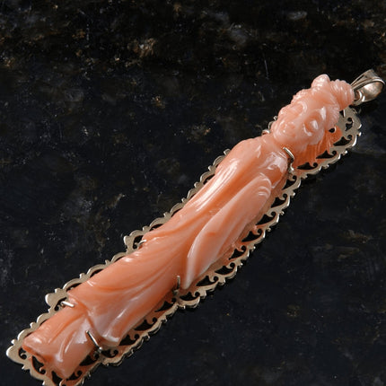 Antique Chinese 14k gold Carved Coral Buddhist Guanyin Bodhisattva Pendant