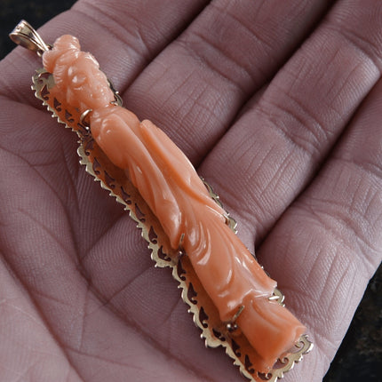 Antique Chinese 14k gold Carved Coral Buddhist Guanyin Bodhisattva Pendant