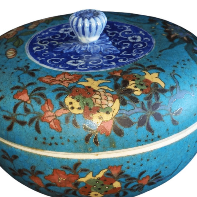 c1870 Japanese Cloisonne Over Blue/White Porcelain Covered Box 6.25" wide x 4.5"