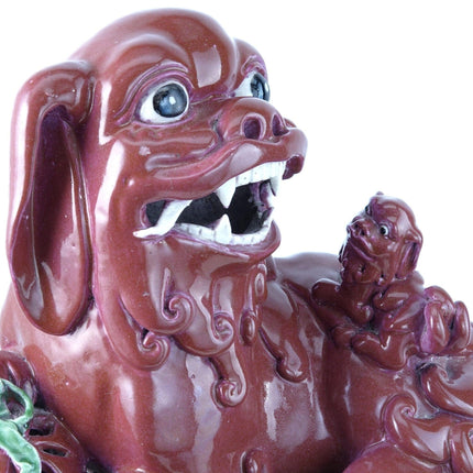 Antique Chinese Copper Red Glazed Porcelain Foo lion with pup Figure