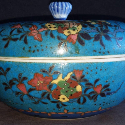c1870 Japanese Cloisonne Over Blue/White Porcelain Covered Box 6.25" wide x 4.5"