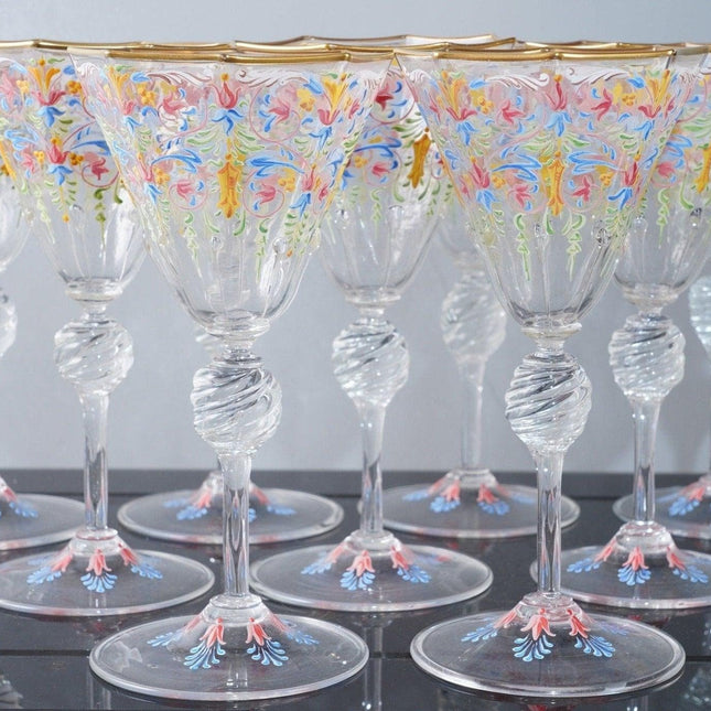 9 Venetian hand painted art glass wine goblets