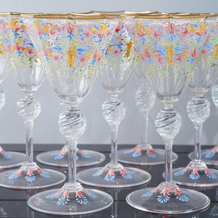 9 Venetian hand painted art glass wine goblets