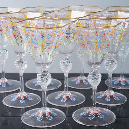 9 Venetian hand painted art glass wine goblets