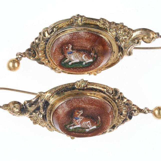 c1890 Victorian 14k Micro-Mosaic Dog earrings