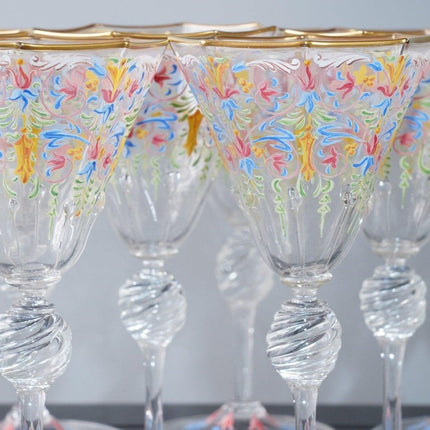 9 Venetian hand painted art glass wine goblets